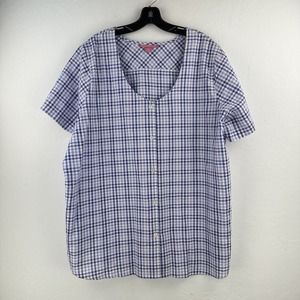 Woman Within Button Up Shirt Womens Short Sleeve Gingham Purple‎ Blue 1X 22/24